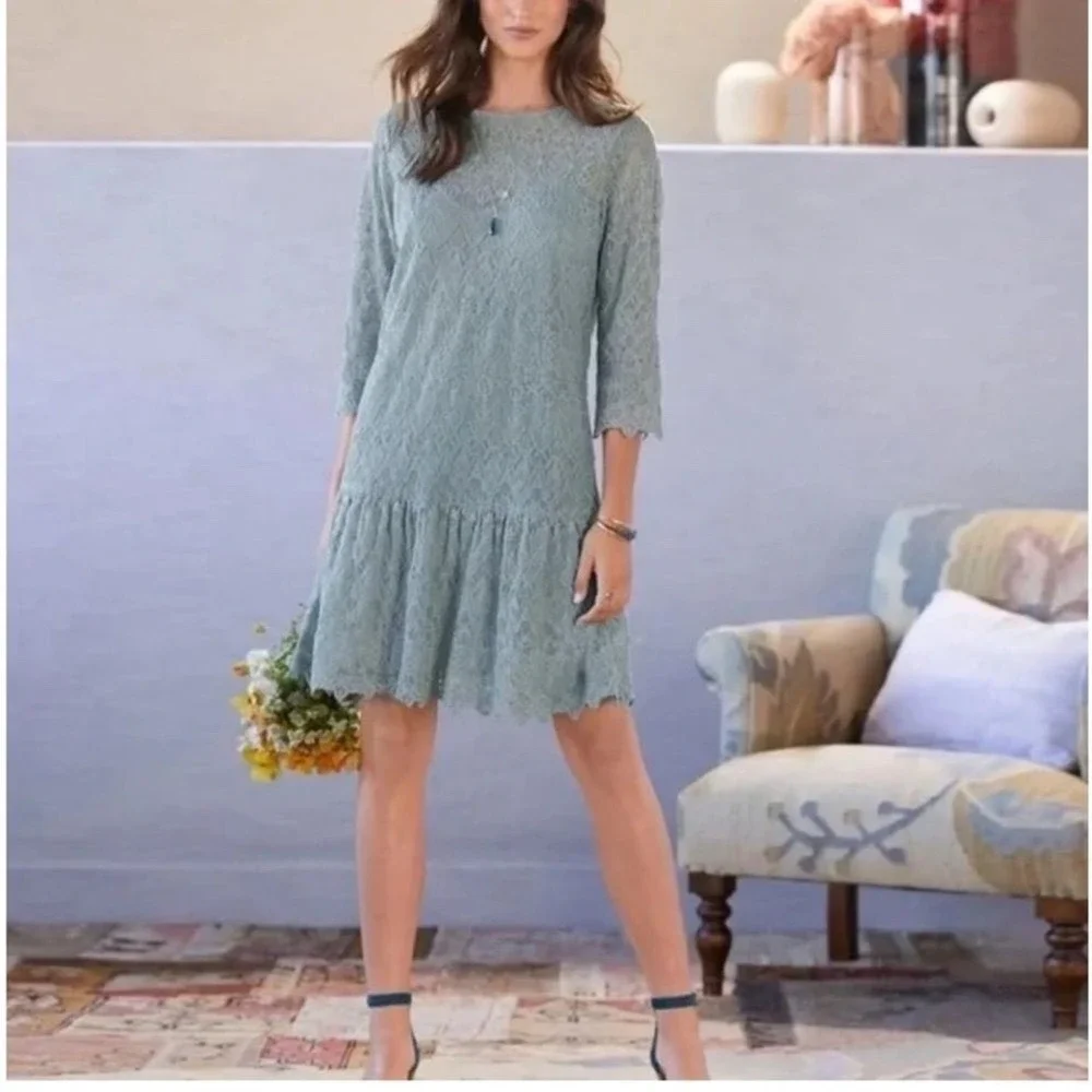 Sundance Windflower Whisper Overlay Embroidered Lace Silver Sage Dress‎ M
